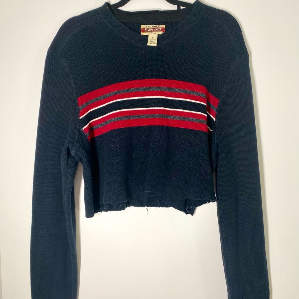 Eddie Bauer Sport Shop Women’s Crop Crew Neck Sweater Black Red 90s VINTAGE L